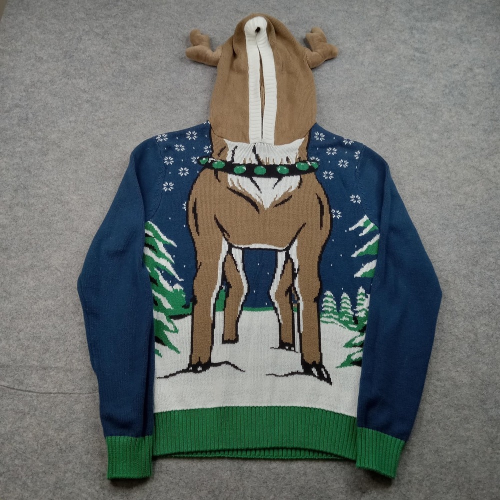 Ugly Christmas Sweater Mens Small Blue Hooded Reindeer Butt Antlers Novelty